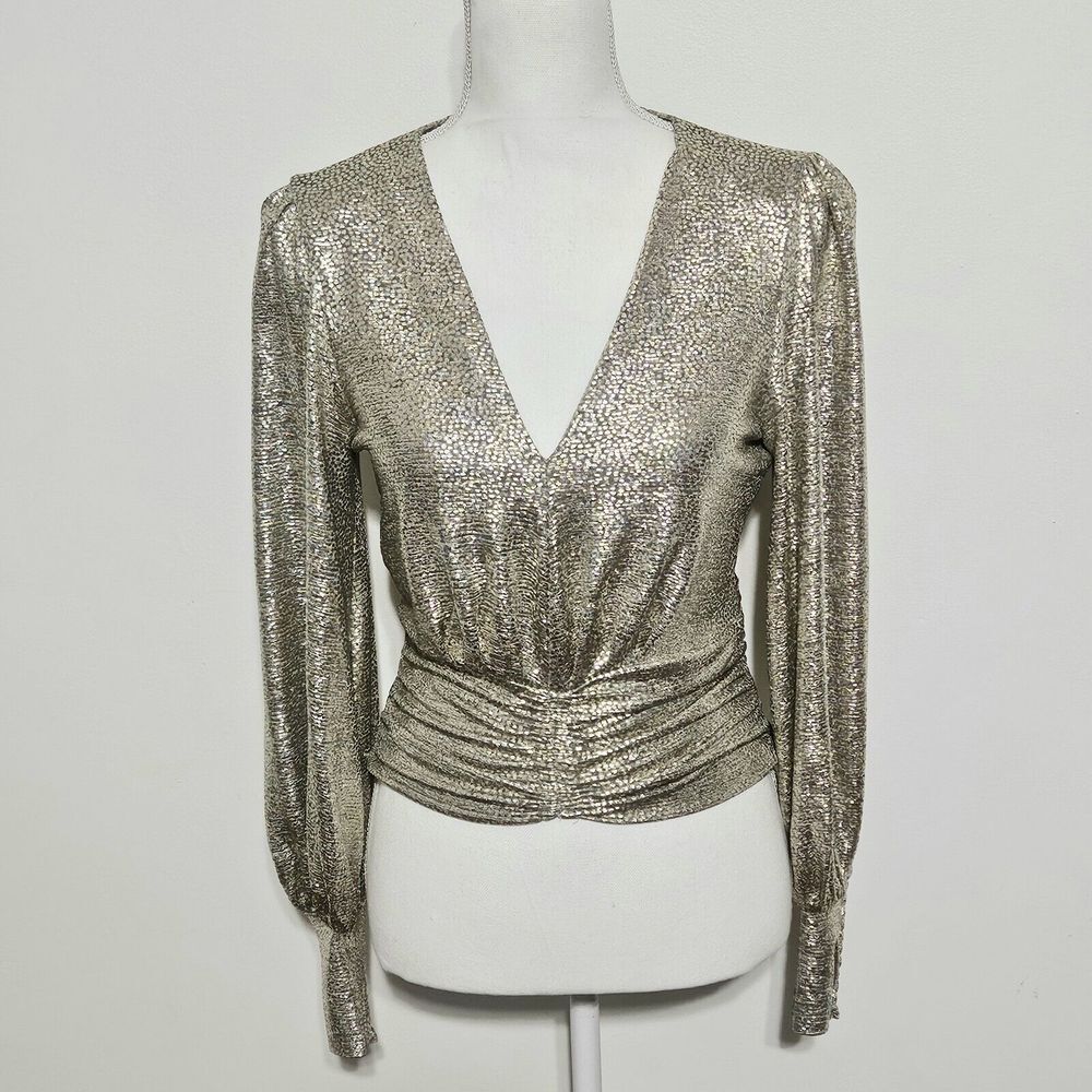 Skies Are Blue Metallic Gold V-Neck Long Sleeve Blouse